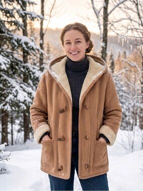 Gallery Tan Shearling-Trim Toggle Hooded Jacket